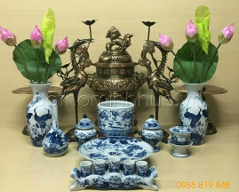 Bộ đồ thờ - Đỉnh đồng đỏ & Men lam ngọc cao cấp