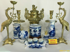 Bộ đồ thờ - Đỉnh đồng vàng & Men xanh LL