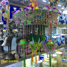 Nón Mẫu Xanh 46 - Vải lụa thêu nổi, 2 quả đèn lồng